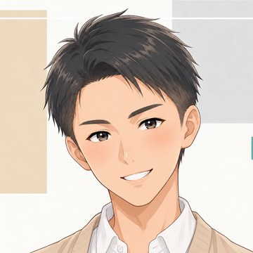 なまけるの似顔絵イラスト。短い黒髪で笑顔、白いシャツにベージュのカーディガン