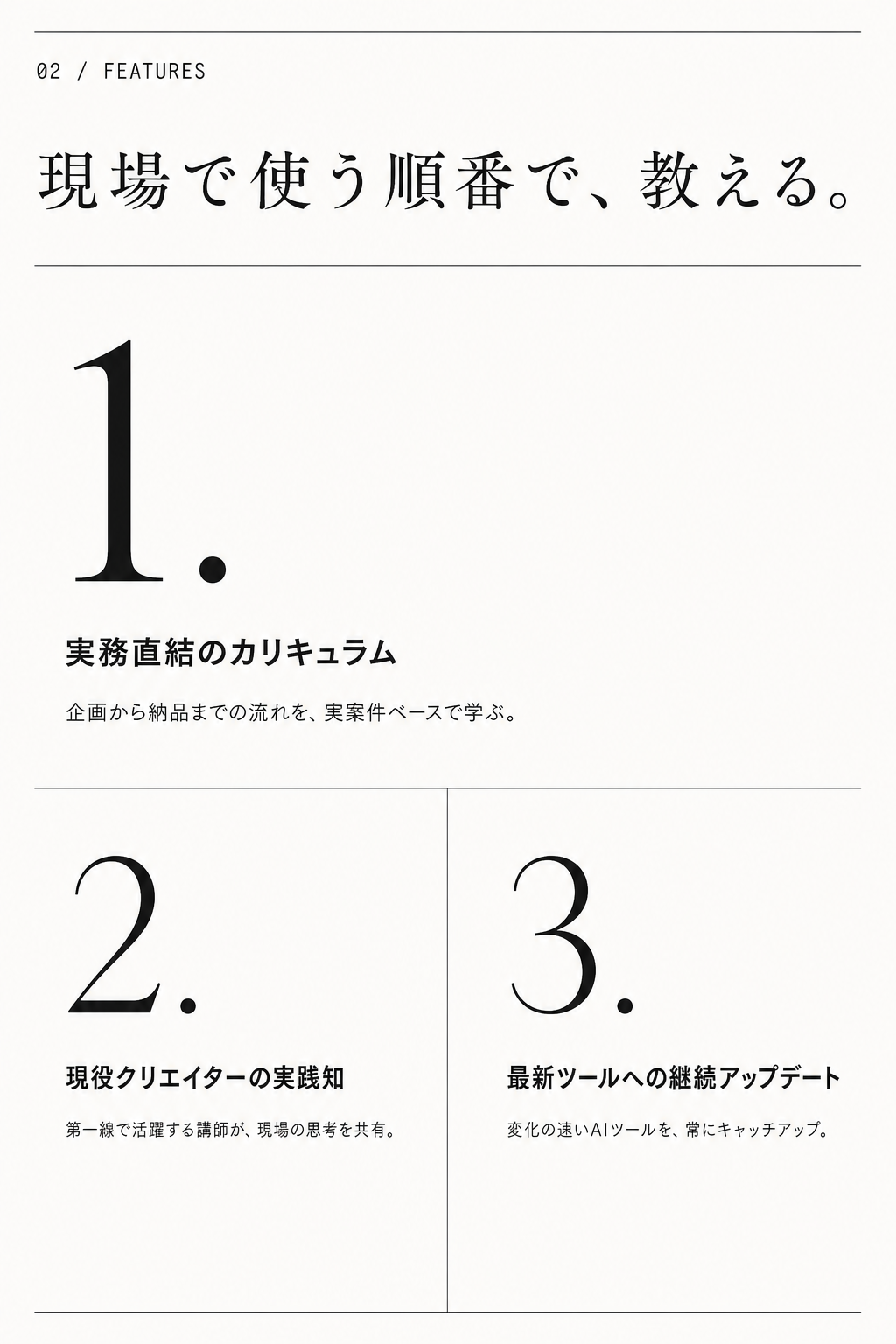 CraftHubの特徴。1 実務直結のカリキュラム、2 現役クリエイターの実践知、3 最新ツールへの継続アップデート