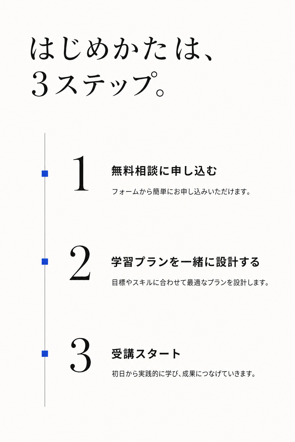 はじめかたは3ステップ。1 無料相談に申し込む、2 学習プランを一緒に設計する、3 受講スタート