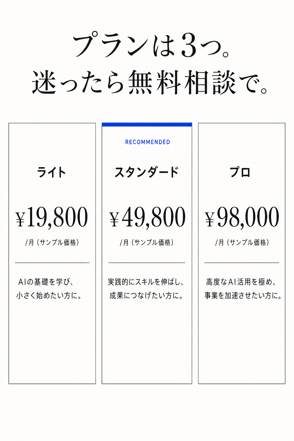 受講プランは3つ。ライト月額19,800円、スタンダード月額49,800円（おすすめ）、プロ月額98,000円。いずれもサンプル価格