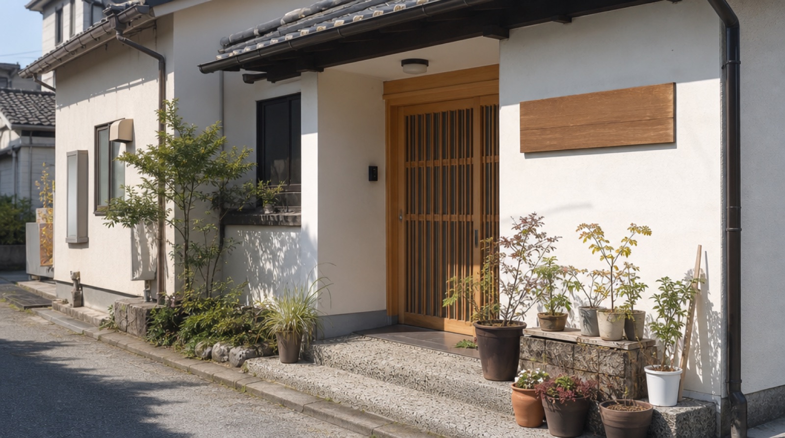 こもれび助産院の外観。白い塗り壁と白木の玄関引き戸