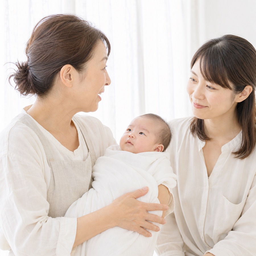 助産師が赤ちゃんを抱いて、となりに座る母親に話しかけている様子