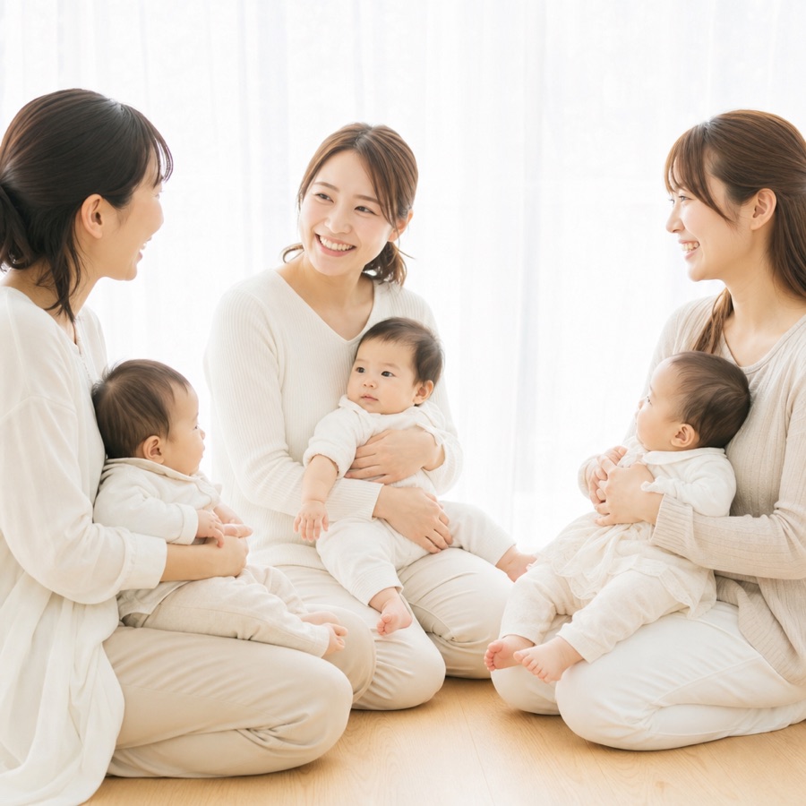 教室で3人の母親がそれぞれ赤ちゃんを抱いて輪になり、笑い合っている様子
