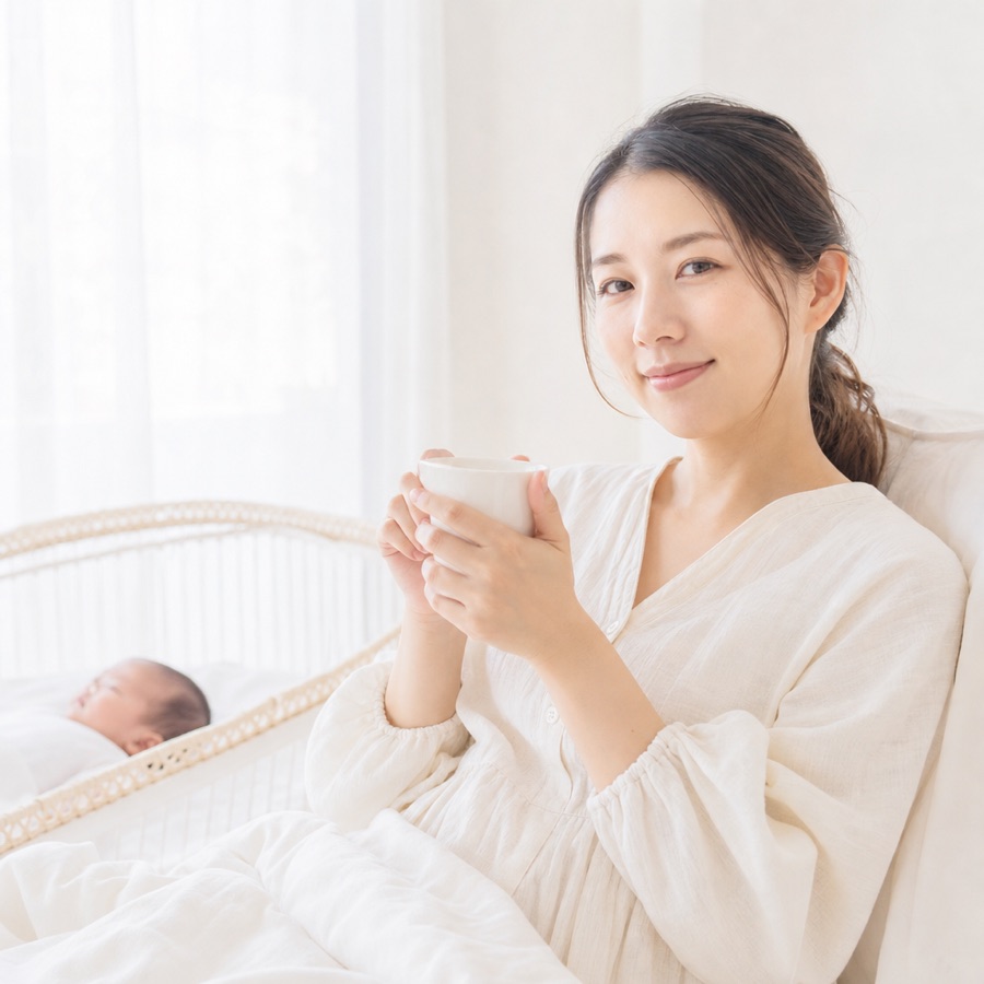 産後ケアの個室で、母親が温かい飲み物を手にくつろいでいる様子