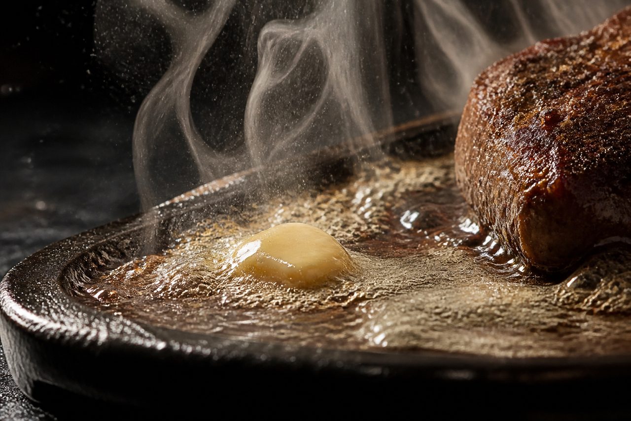 熱した鉄板の上でバターが泡立ち、肉汁がはねている様子