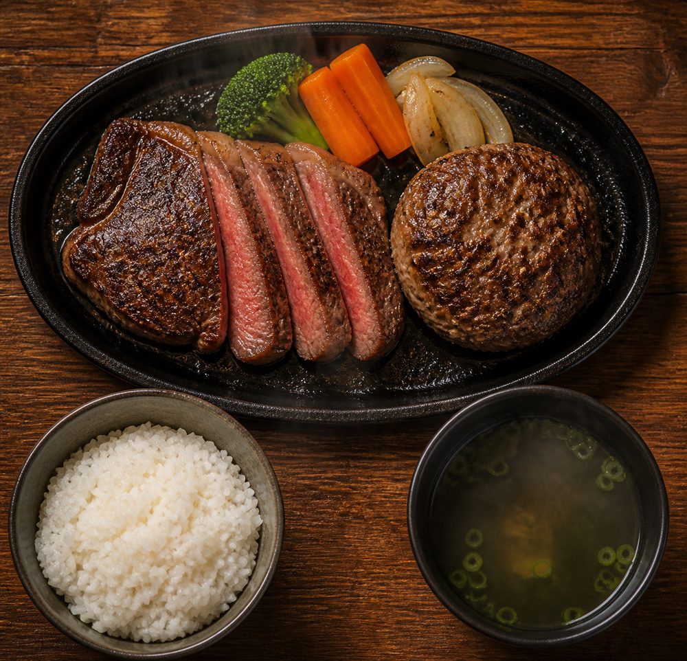 ステーキとハンバーグが一枚の鉄板に乗ったコンボ定食