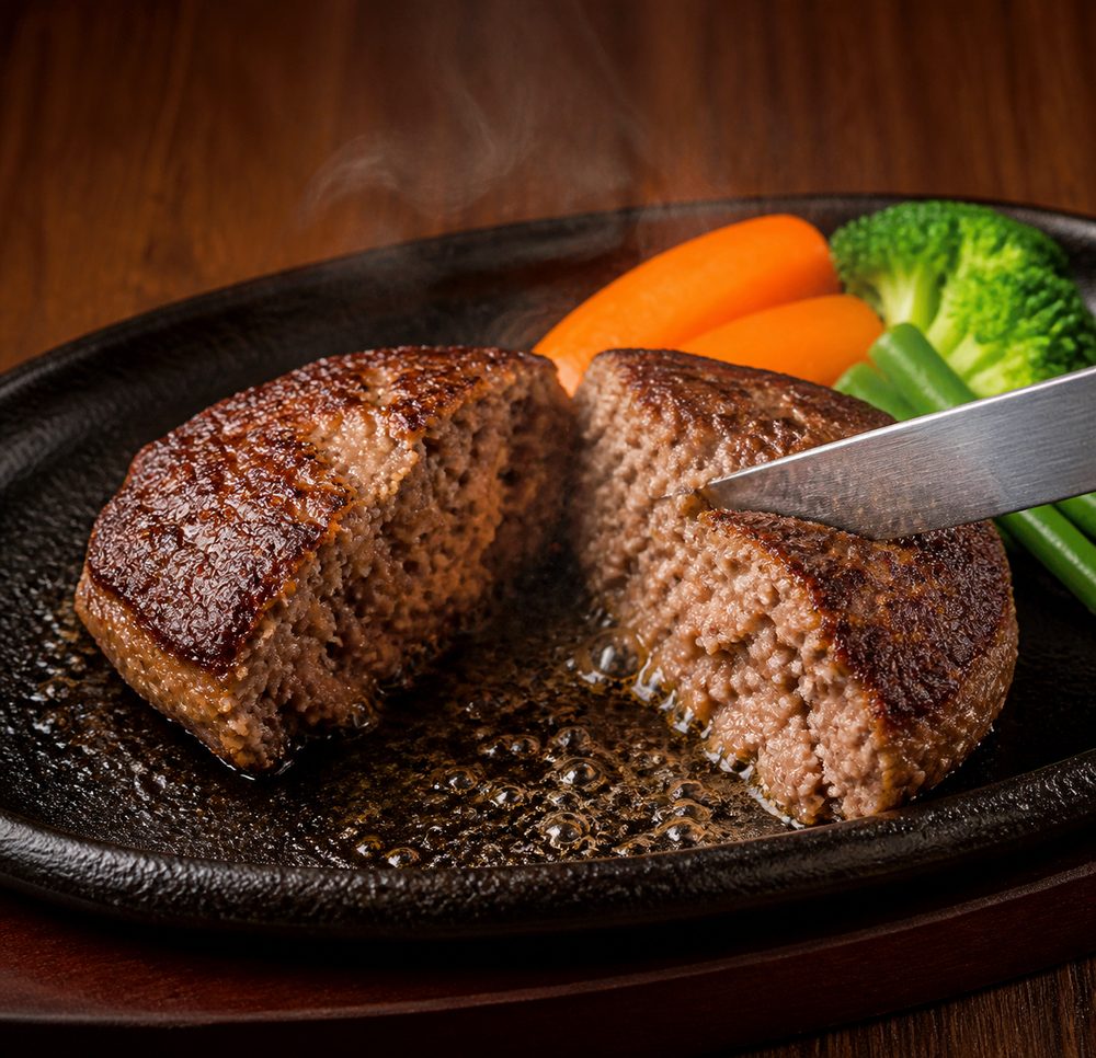 鉄板の上でナイフで割られ、肉汁があふれる粗挽きハンバーグ