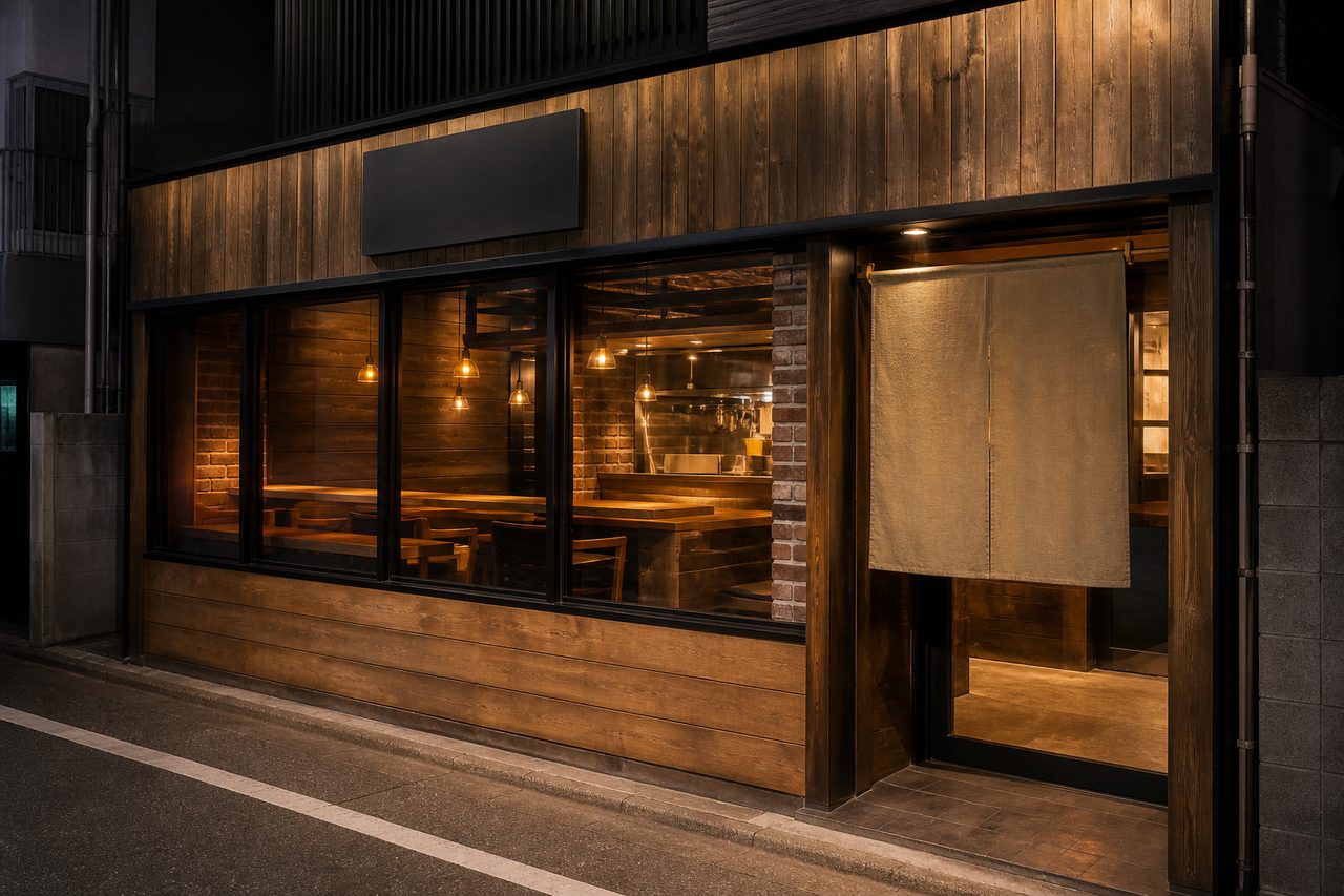 夜のニクバリ中町店の外観。木と黒い金属のファサードに窓が暖色に灯っている