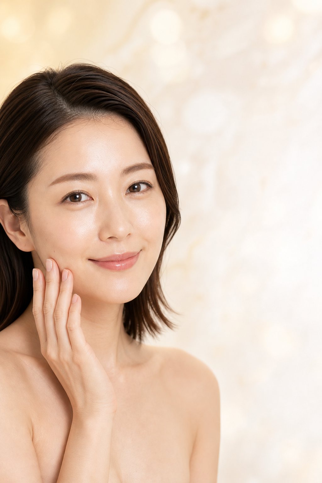 頬に指先を添えて微笑む女性