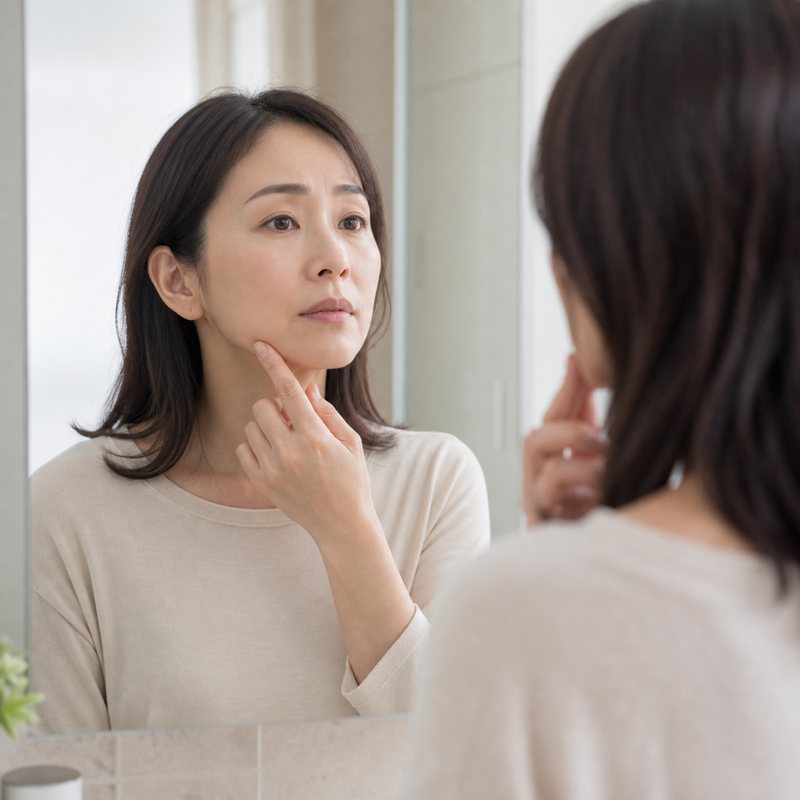 鏡の前で、頬を引き上げてしまう