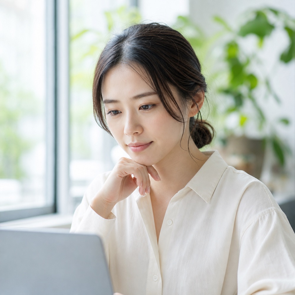 カフェでノートパソコンを前に考え込む女性
