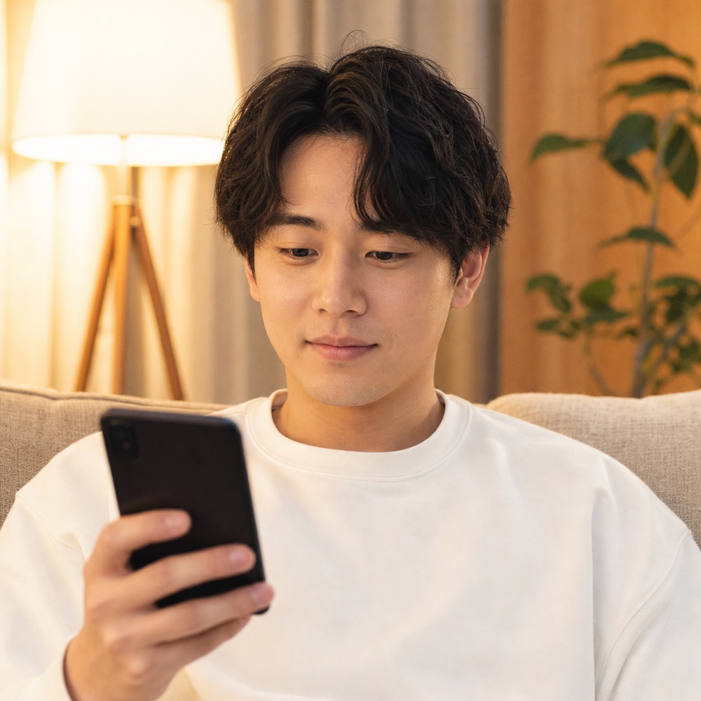 夜のリビングでスマートフォンを眺める男性