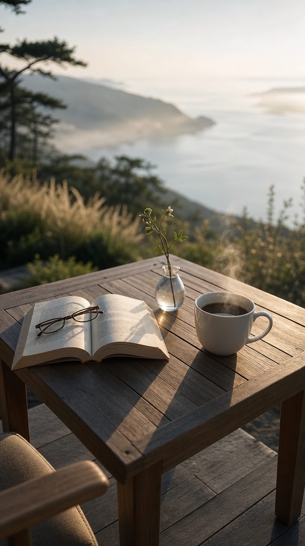 朝のテラスのコーヒー