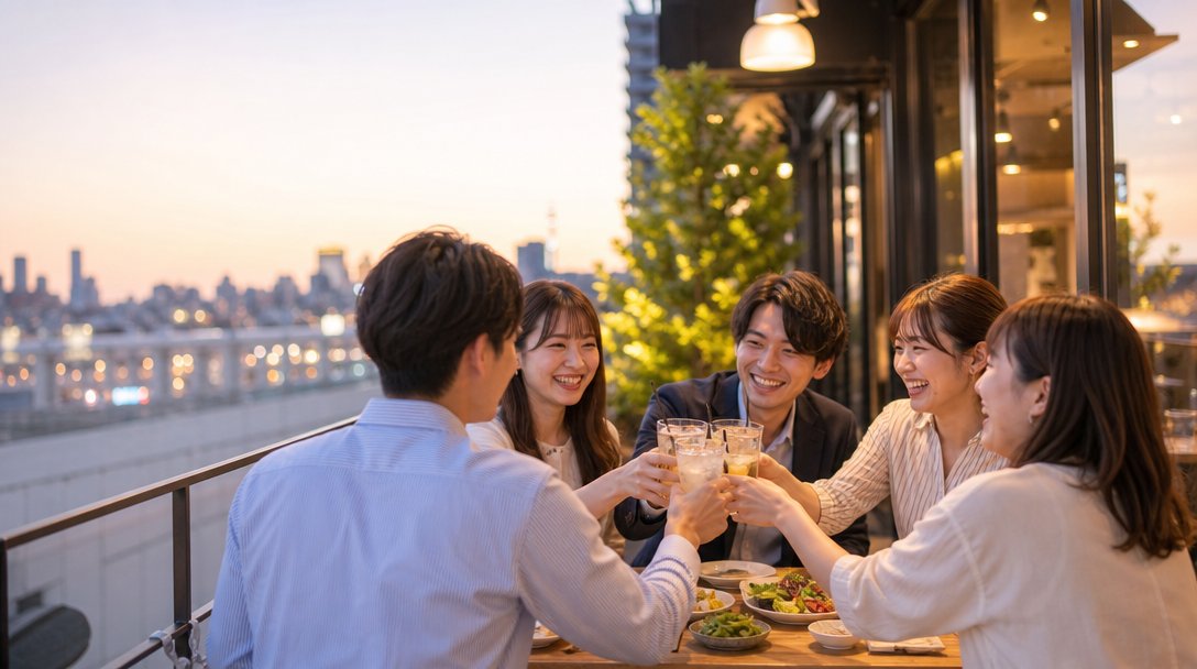 カフェテラスで乾杯する20代5人