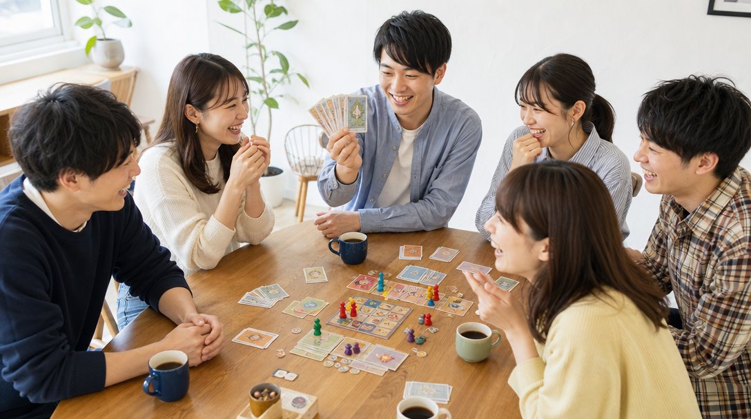 ボードゲームを囲む6人